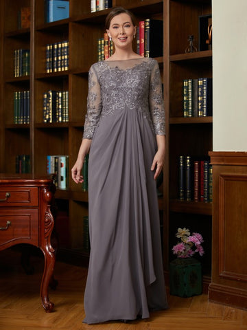 Heidy A-Line/Princess Chiffon Lace Scoop 3/4 Sleeves Floor-Length Mother of the Bride Dresses BF2P0020341