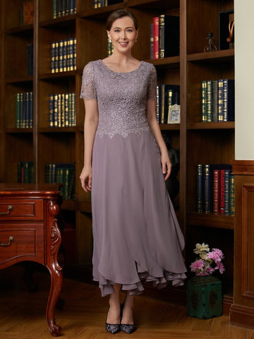 Melanie A-Line/Princess Chiffon Lace Scoop Short Sleeves Ankle-Length Mother of the Bride Dresses BF2P0020353