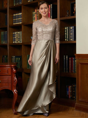 Nylah A-Line/Princess Silk Like Satin Lace V-neck 3/4 Sleeves Sweep/Brush Train Mother of the Bride Dresses BF2P0020342