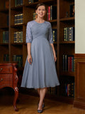 Tina A-Line/Princess Chiffon Lace Scoop 1/2 Sleeves Tea-Length Mother of the Bride Dresses BF2P0020356
