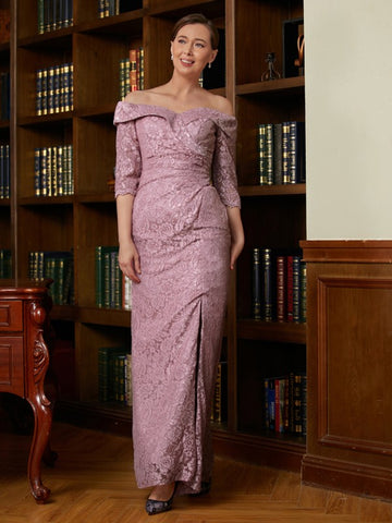 Reagan Sheath/Column Satin Lace Off-the-Shoulder 3/4 Sleeves Floor-Length Mother of the Bride Dresses BF2P0020343