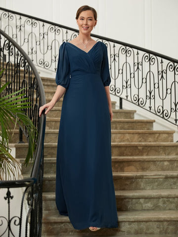 Hedwig A-Line/Princess Chiffon Ruched V-neck 1/2 Sleeves Floor-Length Mother of the Bride Dresses BF2P0020344