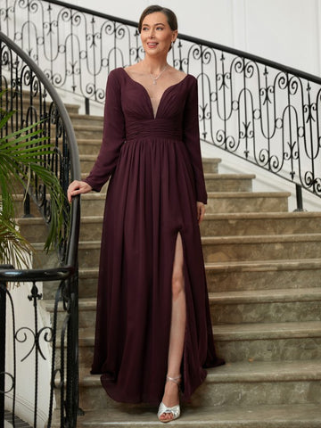 Kathy A-Line/Princess Chiffon Ruched V-neck Long Sleeves Floor-Length Mother of the Bride Dresses BF2P0020345