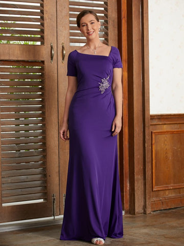 Aaliyah Sheath/Column Jersey Beading Square Short Sleeves Floor-Length Mother of the Bride Dresses BF2P0020333