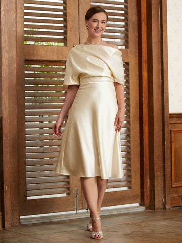 Pearl A-Line/Princess Charmeuse Ruched Off-the-Shoulder 1/2 Sleeves Tea-Length Mother of the Bride Dresses BF2P0020363