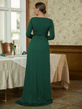 Ruby A-Line/Princess Jersey Beading V-neck Long Sleeves Sweep/Brush Train Mother of the Bride Dresses BF2P0020357