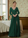 Ruby A-Line/Princess Jersey Beading V-neck Long Sleeves Sweep/Brush Train Mother of the Bride Dresses BF2P0020357