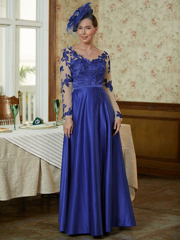 Miranda A-Line/Princess Satin Applique V-neck Long Sleeves Floor-Length Mother of the Bride Dresses BF2P0020358