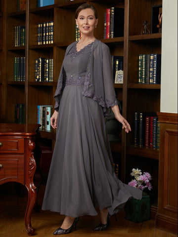 Kiana A-Line/Princess Chiffon Applique V-neck Sleeveless Ankle-Length Mother of the Bride Dresses BF2P0020365