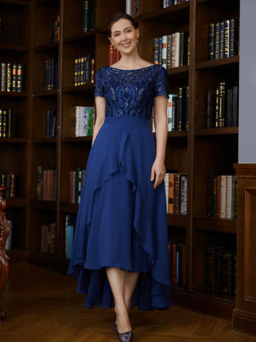 Lesly A-Line/Princess Chiffon Applique Bateau Short Sleeves Asymmetrical Mother of the Bride Dresses BF2P0020281