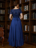 Lesly A-Line/Princess Chiffon Applique Bateau Short Sleeves Asymmetrical Mother of the Bride Dresses BF2P0020281