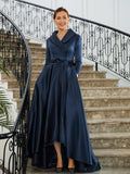 Ally A-Line/Princess Satin Ruched V-neck Long Sleeves Asymmetrical Mother of the Bride Dresses BF2P0020274