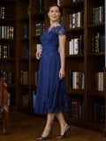 Suzanne A-Line/Princess Chiffon Applique Bateau Short Sleeves Tea-Length Mother of the Bride Dresses BF2P0020275