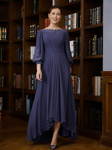 Regina A-Line/Princess Chiffon Ruched Bateau 3/4 Sleeves Asymmetrical Mother of the Bride Dresses BF2P0020265