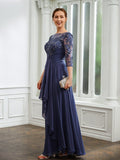 Aniyah A-Line/Princess Chiffon Applique Bateau 3/4 Sleeves Floor-Length Mother of the Bride Dresses BF2P0020266