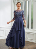 Aniyah A-Line/Princess Chiffon Applique Bateau 3/4 Sleeves Floor-Length Mother of the Bride Dresses BF2P0020266