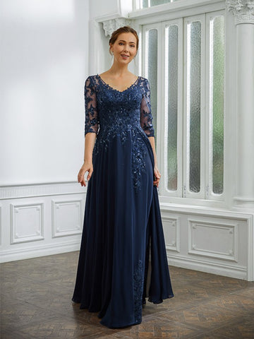Kaylynn A-Line/Princess Chiffon Applique V-neck 3/4 Sleeves Floor-Length Mother of the Bride Dresses BF2P0020267