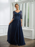 Kaylynn A-Line/Princess Chiffon Applique V-neck 3/4 Sleeves Floor-Length Mother of the Bride Dresses BF2P0020267