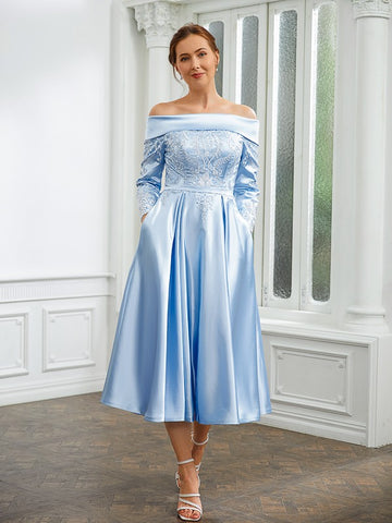 Yadira A-Line/Princess Elastic Woven Satin Ruched Off-the-Shoulder Long Sleeves Tea-Length Mother of the Bride Dresses BF2P0020269