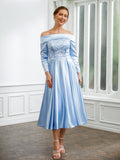 Yadira A-Line/Princess Elastic Woven Satin Ruched Off-the-Shoulder Long Sleeves Tea-Length Mother of the Bride Dresses BF2P0020269