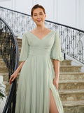Kamari A-Line/Princess Chiffon Ruched V-neck 1/2 Sleeves Floor-Length Mother of the Bride Dresses BF2P0020271