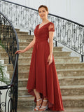 Leslie A-Line/Princess Chiffon Ruched V-neck Short Sleeves Asymmetrical Mother of the Bride Dresses BF2P0020273