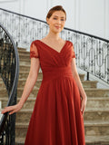Leslie A-Line/Princess Chiffon Ruched V-neck Short Sleeves Asymmetrical Mother of the Bride Dresses BF2P0020273
