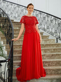 Mary A-Line/Princess Chiffon Applique Scoop Short Sleeves Sweep/Brush Train Mother of the Bride Dresses BF2P0020260