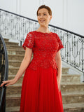 Mary A-Line/Princess Chiffon Applique Scoop Short Sleeves Sweep/Brush Train Mother of the Bride Dresses BF2P0020260