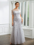 Hana A-Line/Princess Tulle Ruched Bateau Short Sleeves Ankle-Length Mother of the Bride Dresses BF2P0020261