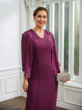 Lila Sheath/Column Chiffon Applique V-neck Sleeveless Tea-Length Mother of the Bride Dresses BF2P0020263