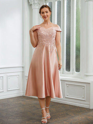 Olive A-Line/Princess Satin Applique Off-the-Shoulder Sleeveless Tea-Length Mother of the Bride Dresses BF2P0020255