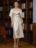 Leia Sheath/Column Elastic Woven Satin Ruched Scoop Short Sleeves Tea-Length Mother of the Bride Dresses BF2P0020242