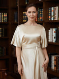 Leia Sheath/Column Elastic Woven Satin Ruched Scoop Short Sleeves Tea-Length Mother of the Bride Dresses BF2P0020242