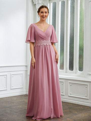 Dahlia A-Line/Princess Chiffon Ruched V-neck 1/2 Sleeves Floor-Length Mother of the Bride Dresses BF2P0020248