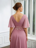 Dahlia A-Line/Princess Chiffon Ruched V-neck 1/2 Sleeves Floor-Length Mother of the Bride Dresses BF2P0020248