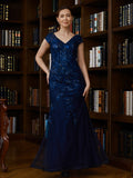 Kaylah Sheath/Column Tulle Applique V-neck Short Sleeves Floor-Length Mother of the Bride Dresses BF2P0020241