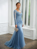 Amiah Sheath/Column Tulle Applique V-neck Long Sleeves Sweep/Brush Train Mother of the Bride Dresses BF2P0020244