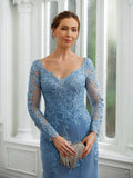 Amiah Sheath/Column Tulle Applique V-neck Long Sleeves Sweep/Brush Train Mother of the Bride Dresses BF2P0020244