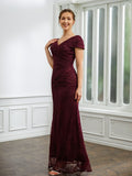 Nathalie Sheath/Column Lace Ruched V-neck Short Sleeves Floor-Length Mother of the Bride Dresses BF2P0020246