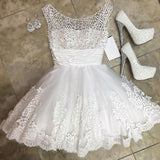 Princess/A-Line Crew Neck Short Martha Homecoming Dresses Lace White Dresses With Beading Prom