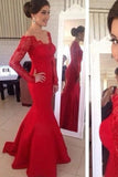 Red Prom Dresses V Neck Mermaid Long Sleeves With Applique Satin