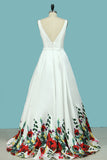 2024 V Neck A Line Satin Floral Prom Dresses