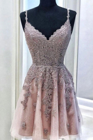 Cute A-line V Neck Short Prom Dresses Lace Homecoming Dresses