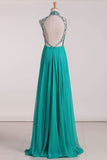 2024 Sexy Open Back High Neck Prom Dresses A Line Chiffon With Beads