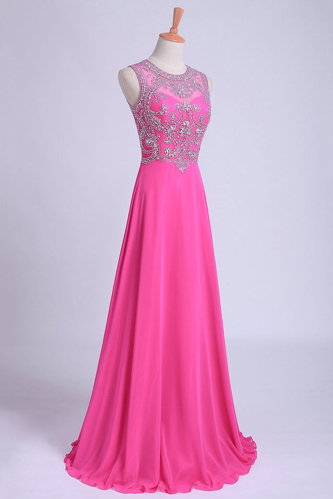 2024 Scoop A-Line Chiffon&Tulle Floor-Length Prom Dresses With Beads Color Fuchsia