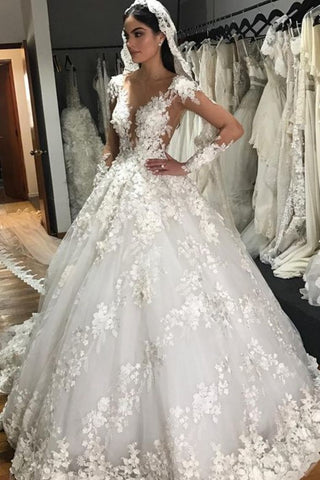 2024 A-Line Scoop Long Sleeves Tulle With Applique Gorgeous Wedding Dresses Chapel Train