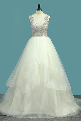2024 New Arrival Scoop Beaded Bodice A Line Tulle Wedding Dresses