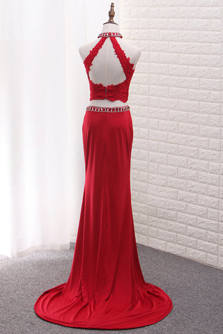 2024 Two Pieces High Neck Spandex Prom Dresses With Applique And Beads Sweep Train