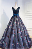 Gorgeous A-Line V-Neck Navy Blue Tulle With Appliques Prom Dresses